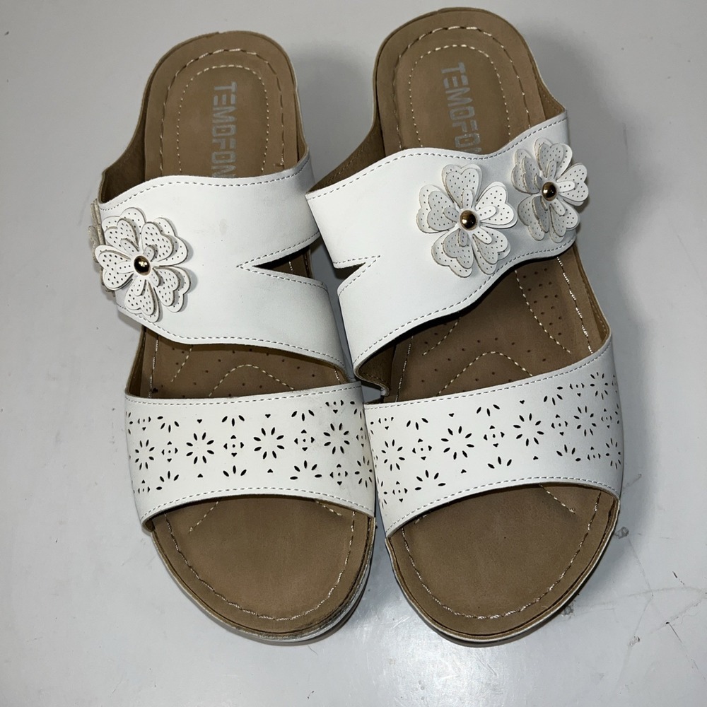TEMOFON Women Wedge Dressy Mule Slip On Sandal - Off White Flower  Sandal Size 9